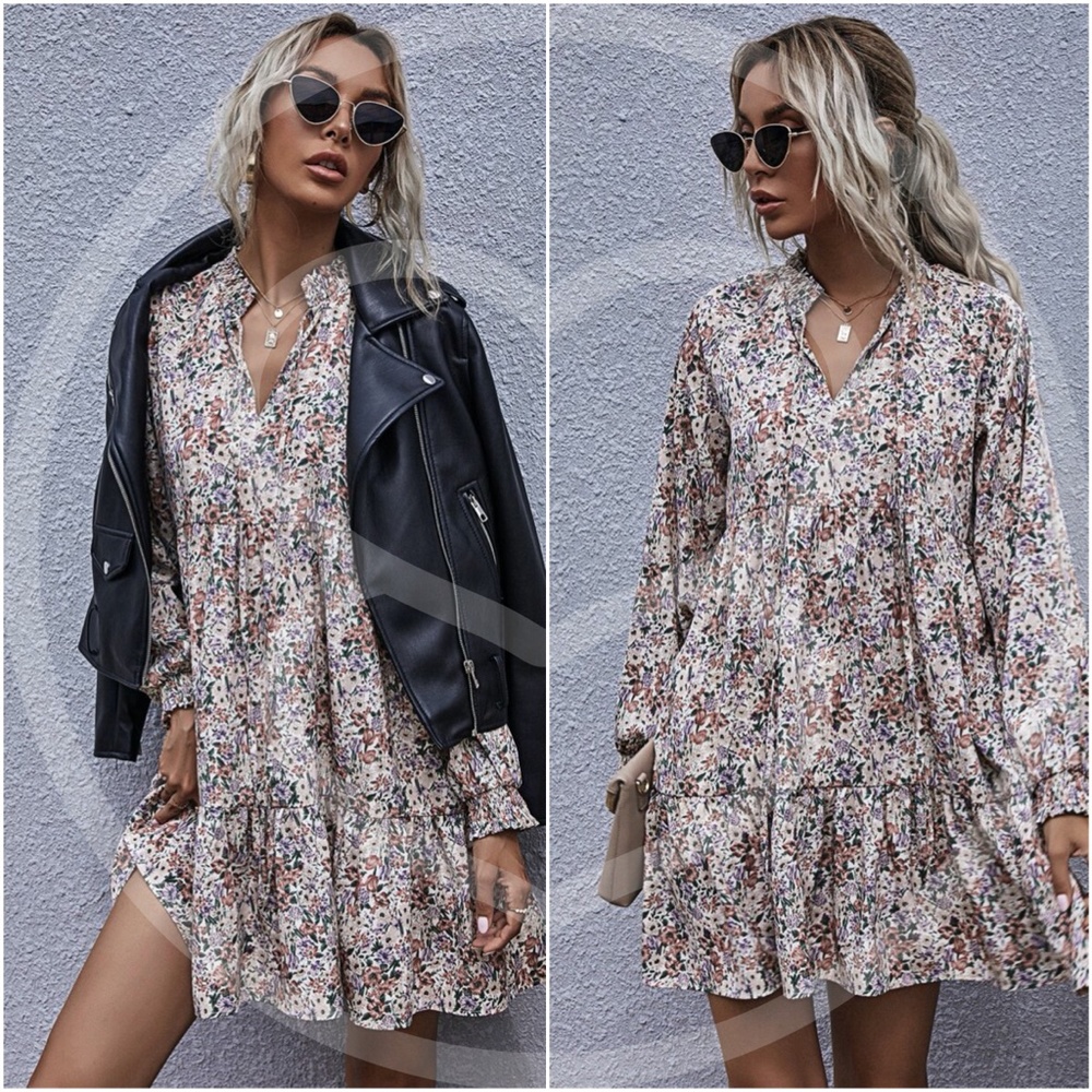 Boho floral print long sleeve v neck ruffle dress - Picture 7 of 9